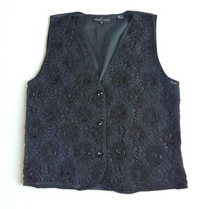 Carole Little Beaded Lace Vest Womens Medium Black Floral V-Neck Goth Whimsigoth